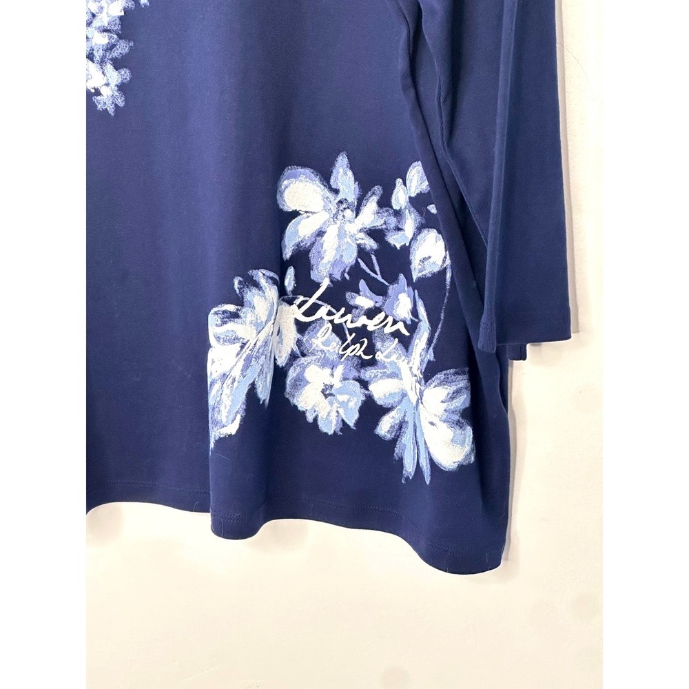 Lauren Ralph Lauren Top Women 3X Navy Blue Floral Boat Neck 3/4 Sleeve Cotton - Picture 2 of 8